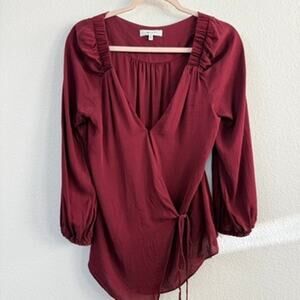 MILLY Silk Wrap Blouse Burgundy Long Sleeve Tie Front Top Size 6 Designer